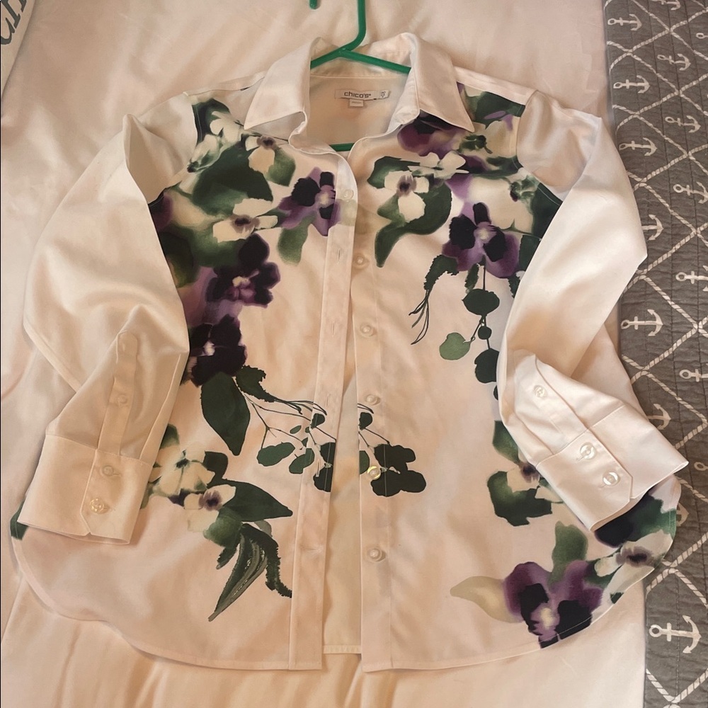 Chico's White Blouse with Purple and Green Floral Design
